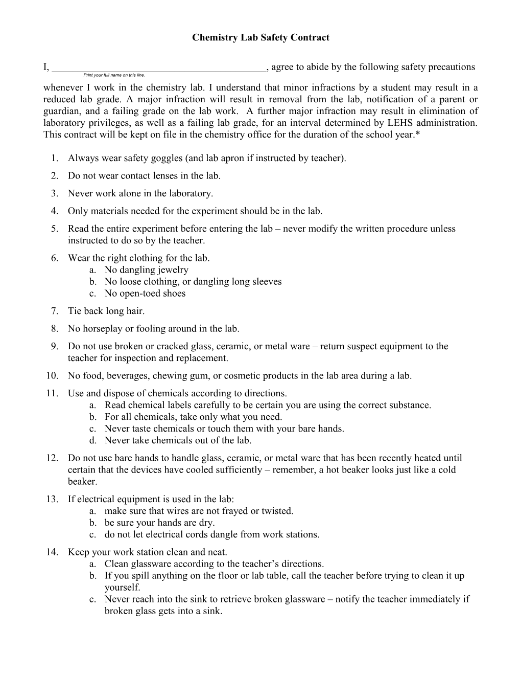 Chemistry Lab Safety Contract