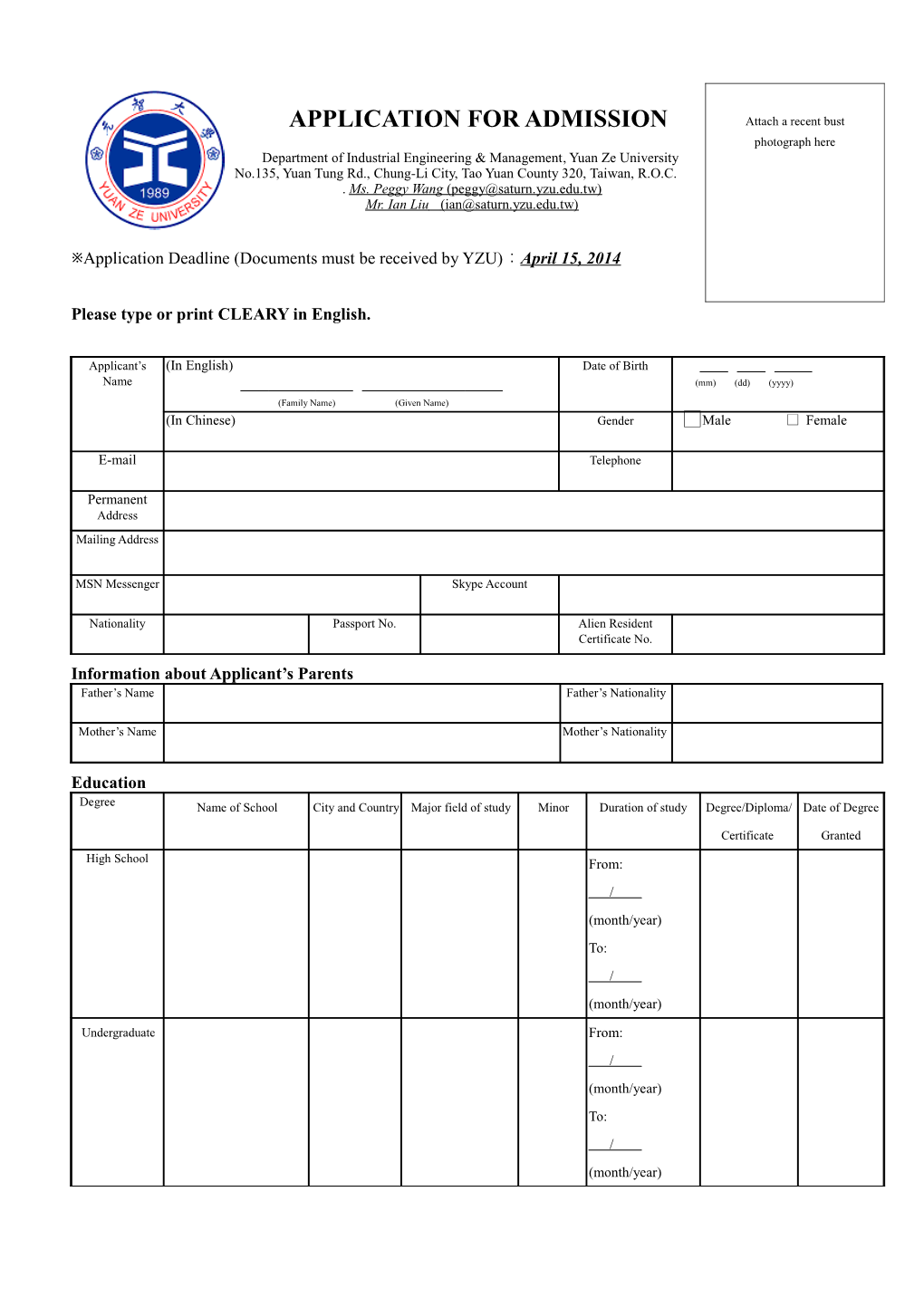 YZU Foreign Students Admission Application Bulletin 2006