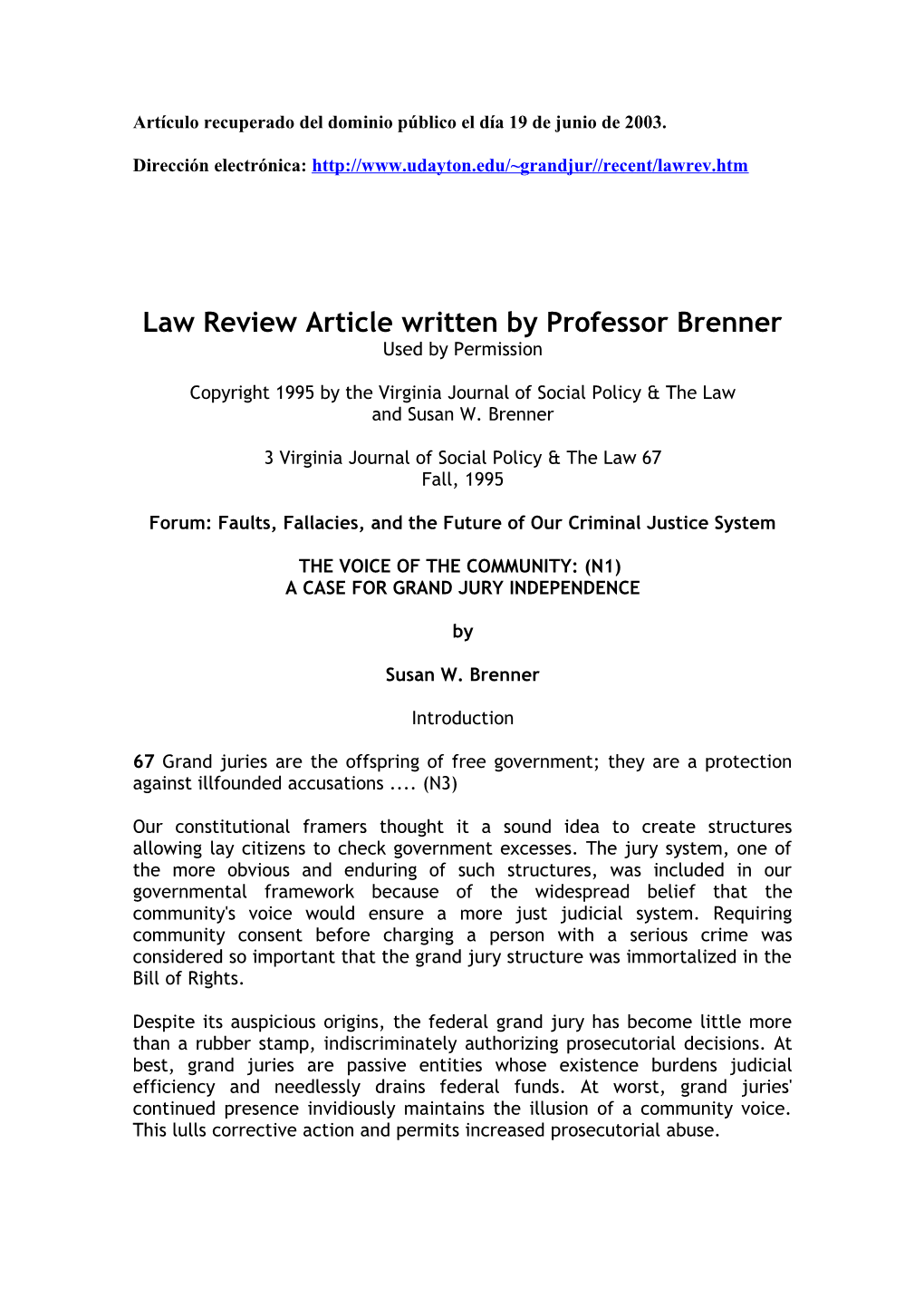 Law Review Article Written by Professor Brenner
