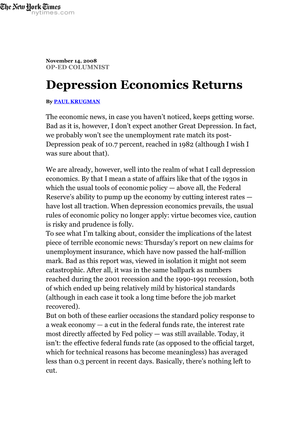 Depression Economics Returns