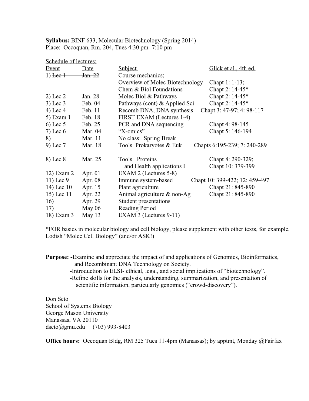 Syllabus: BINF 633, Molecular Biotechnology (Spring 2014)