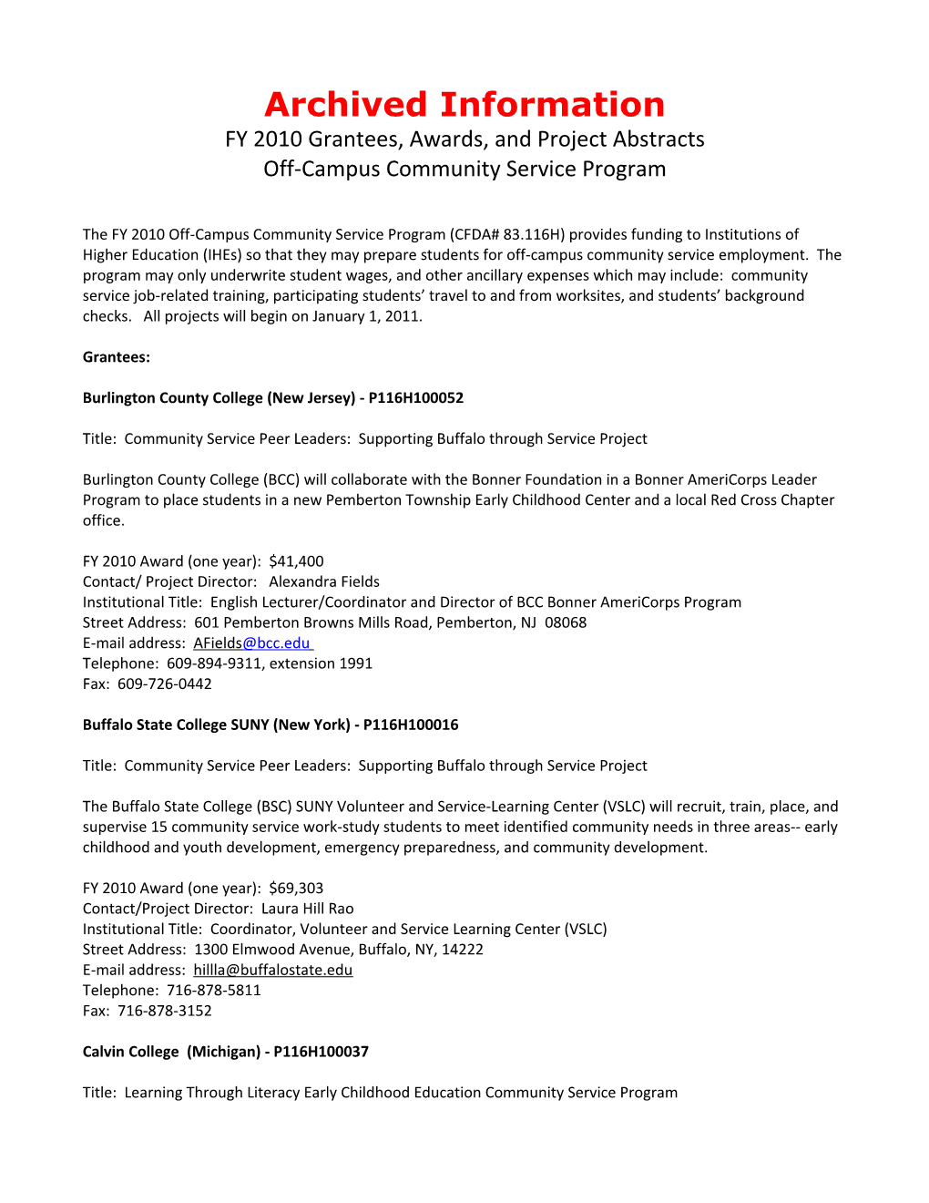 Archived: FY 2010 Grantees, Awards, and Project Abstracts Under the Off-Campus Community