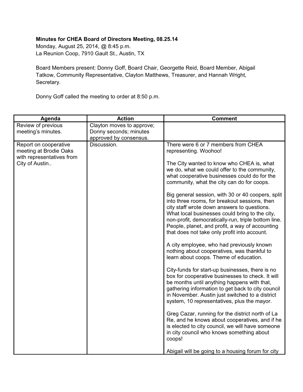 CHEA Minutes 08.25.14 / Agenda 09.09.14