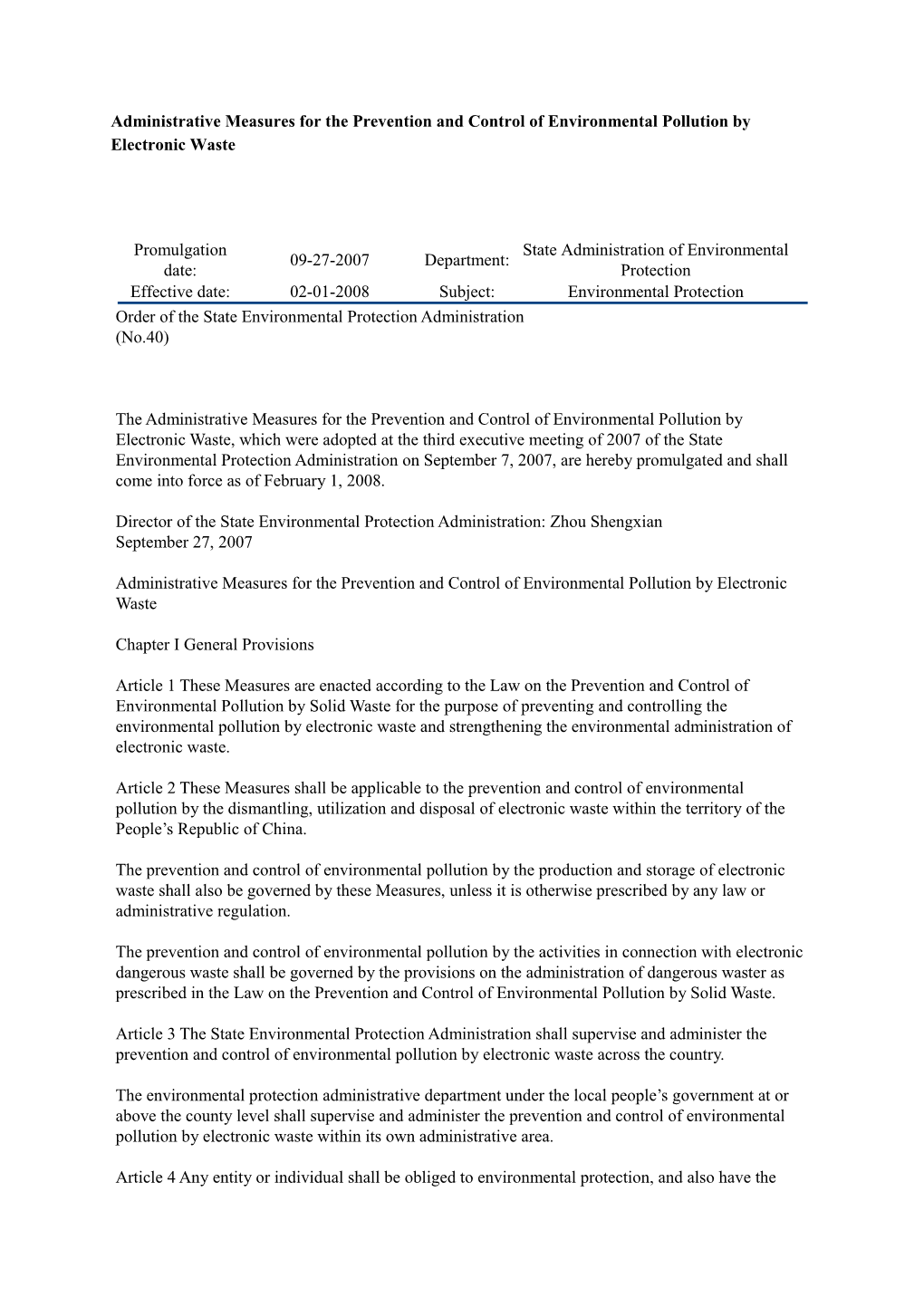 Administrative Measures for the Prevention and Control of Environmental Pollution by Electronic