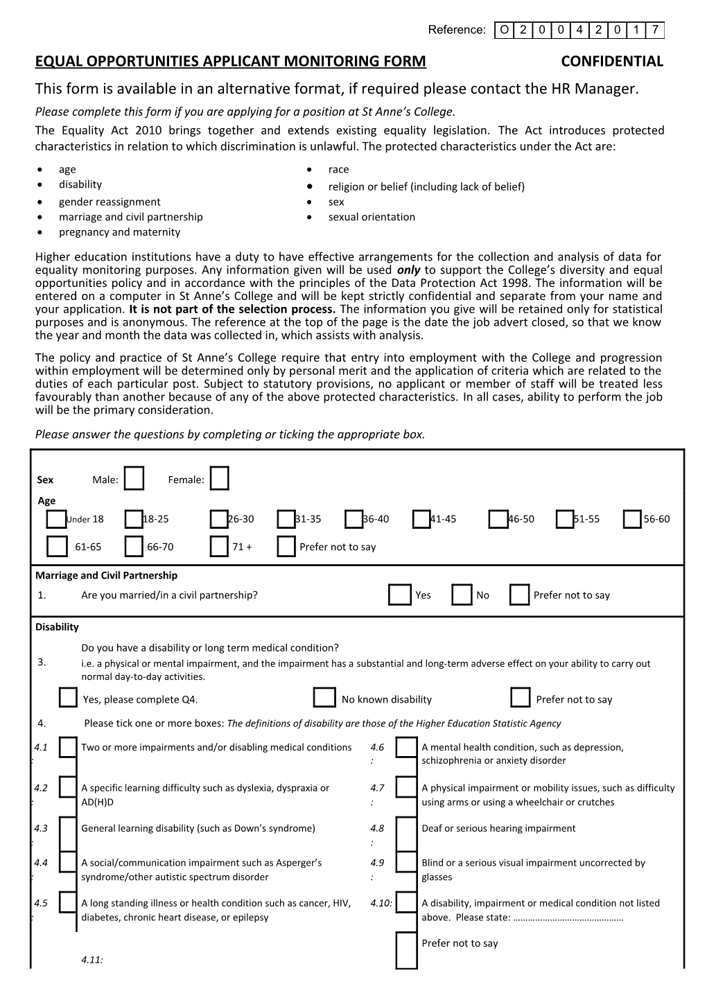 Equal Opportunities Applicant Monitoring Form Confidential