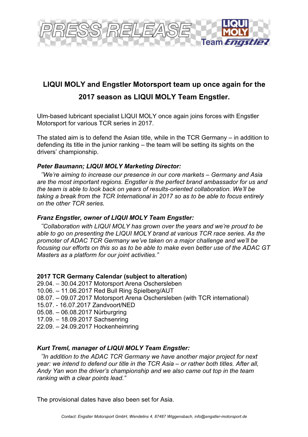 LIQUI MOLY Auch 2017 Mit Team Engstler in Der TCR Serie an Board