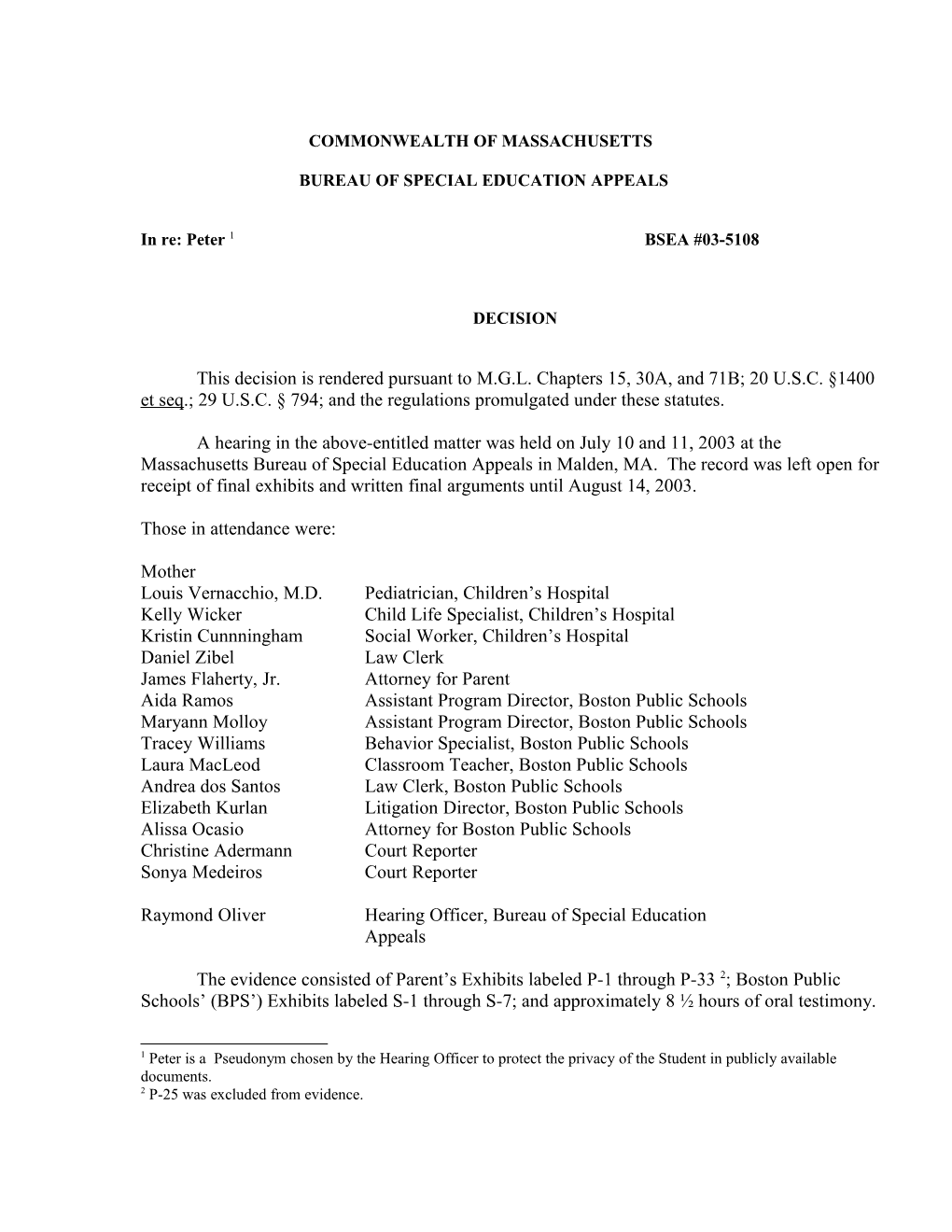 Special Education Appeals BSEA #03-5108