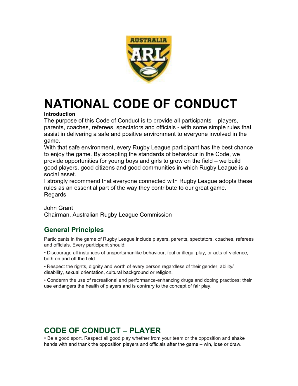 National Code of Conduct