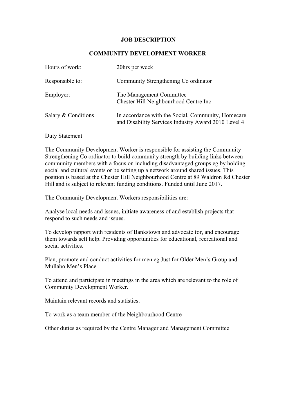 Community Development Worker s1