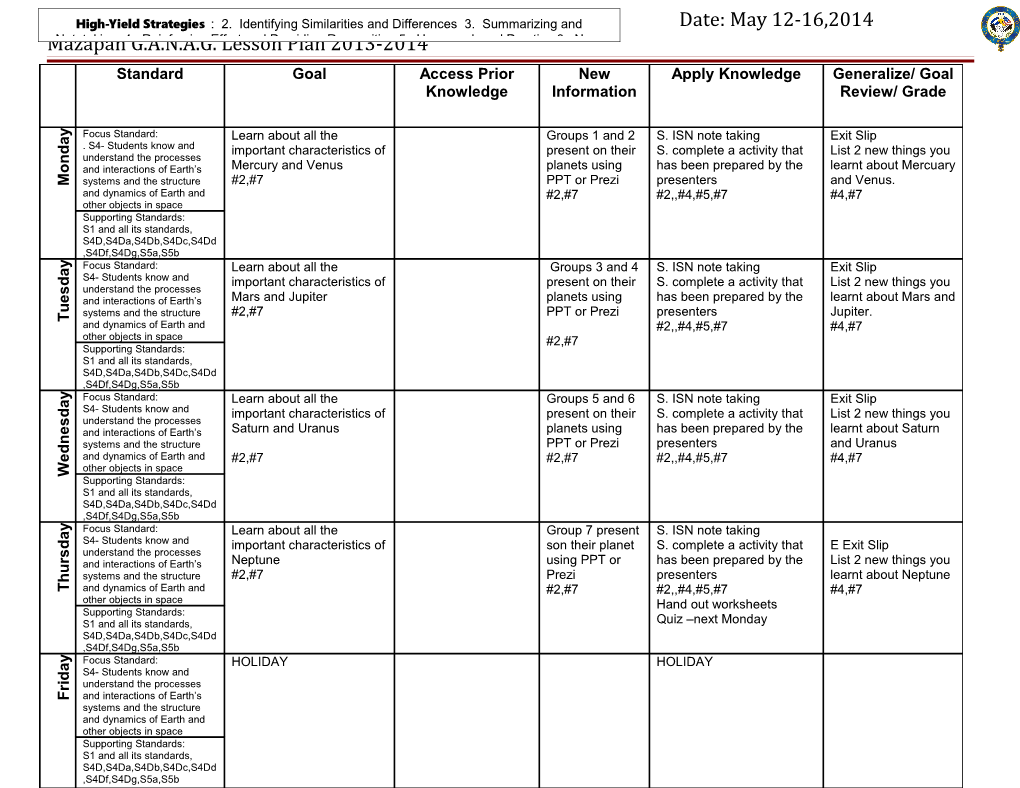 Teacher: E. Vásquezsubject: Earth Science Date:May 12-16,2014