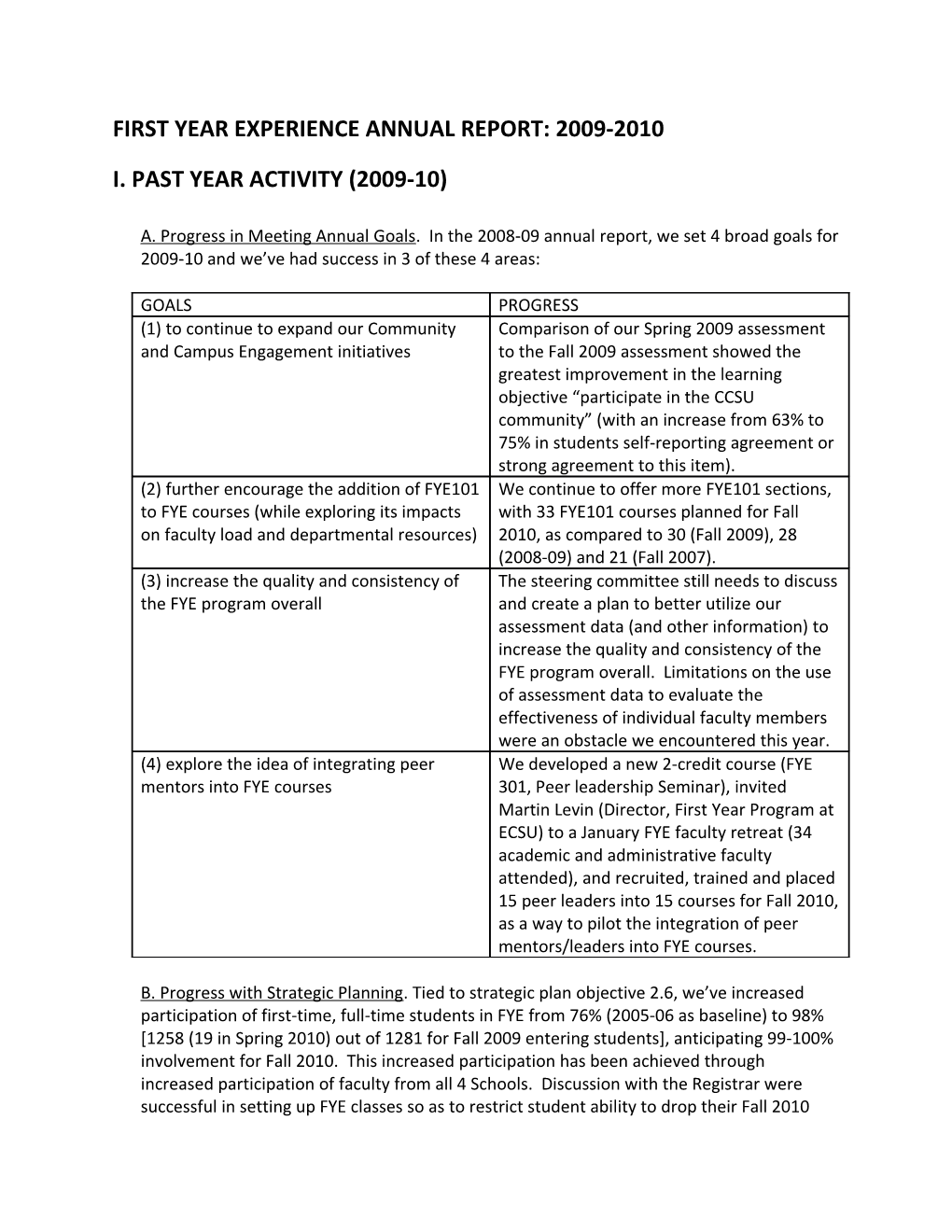 First Year Experience Annualreport: 2009-2010