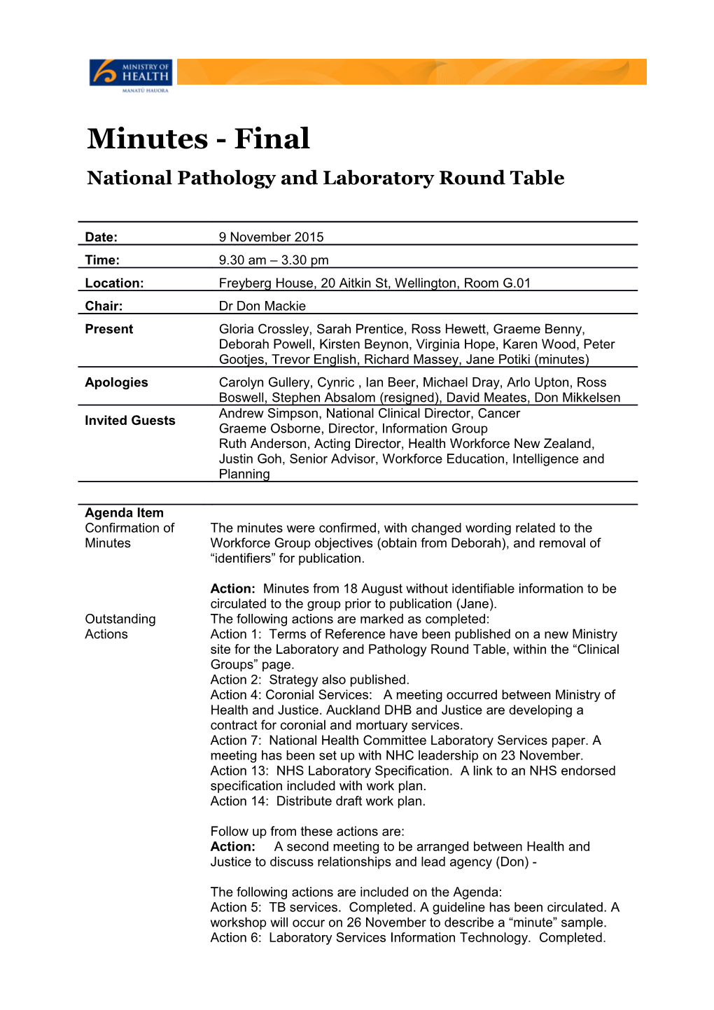 Minutes 19 November 2015: National Pathology and Laboratory Round Table