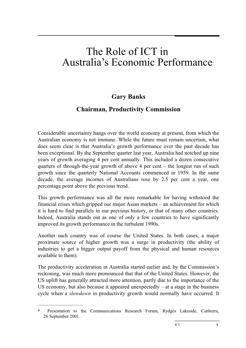 The Role of ICT in Australia S Economic Performance *