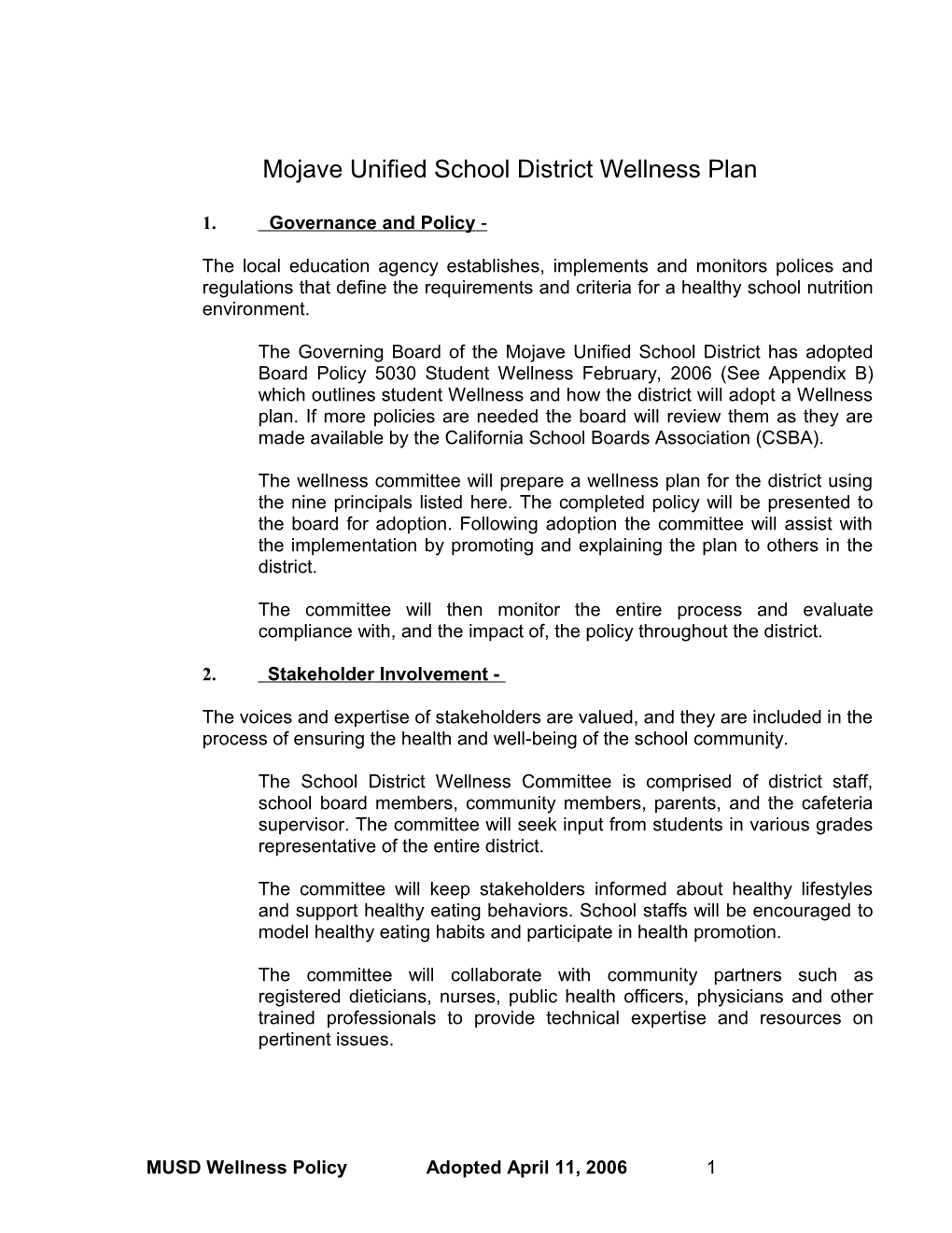Mojave Unified School District Wellness Plan