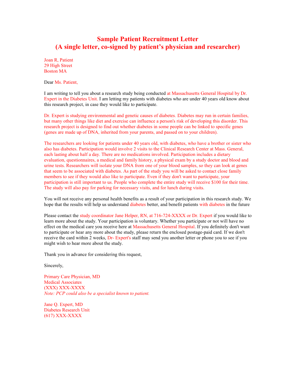 Sample Patient Recruitment Letter