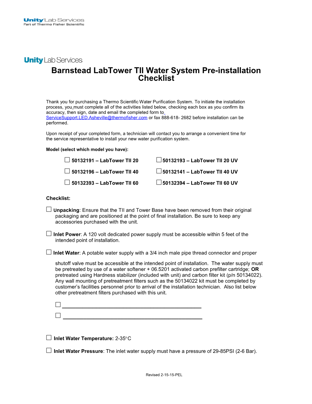 Barnstead Labtower TII Water System Pre-Installation Checklist