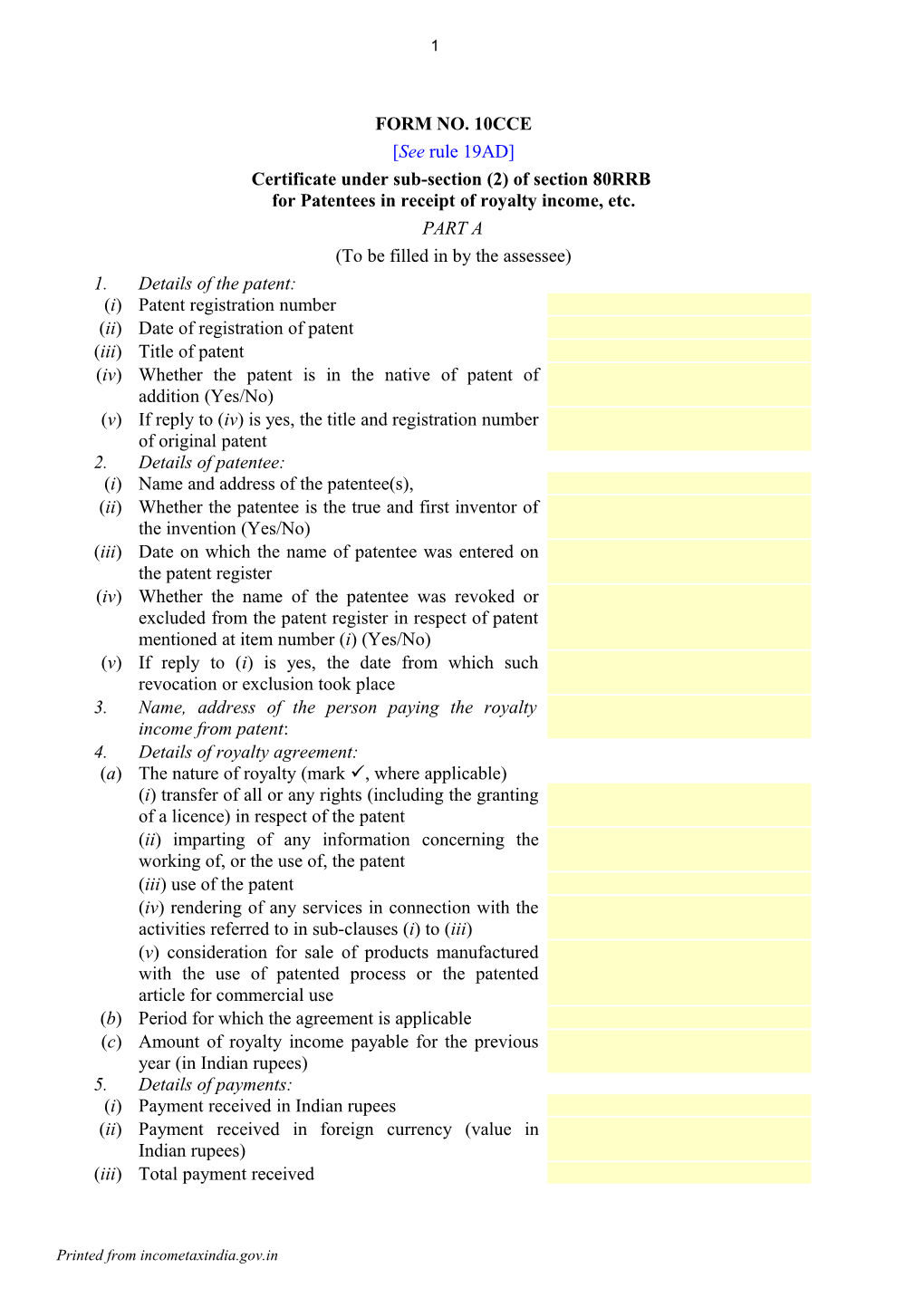 Certificate Under Sub-Section (2) of Section 80RRB for Patentees in Receipt of Royalty