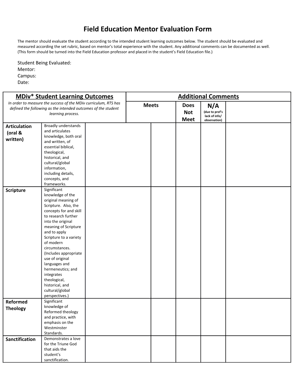 Field Education Mentor Evaluation Form