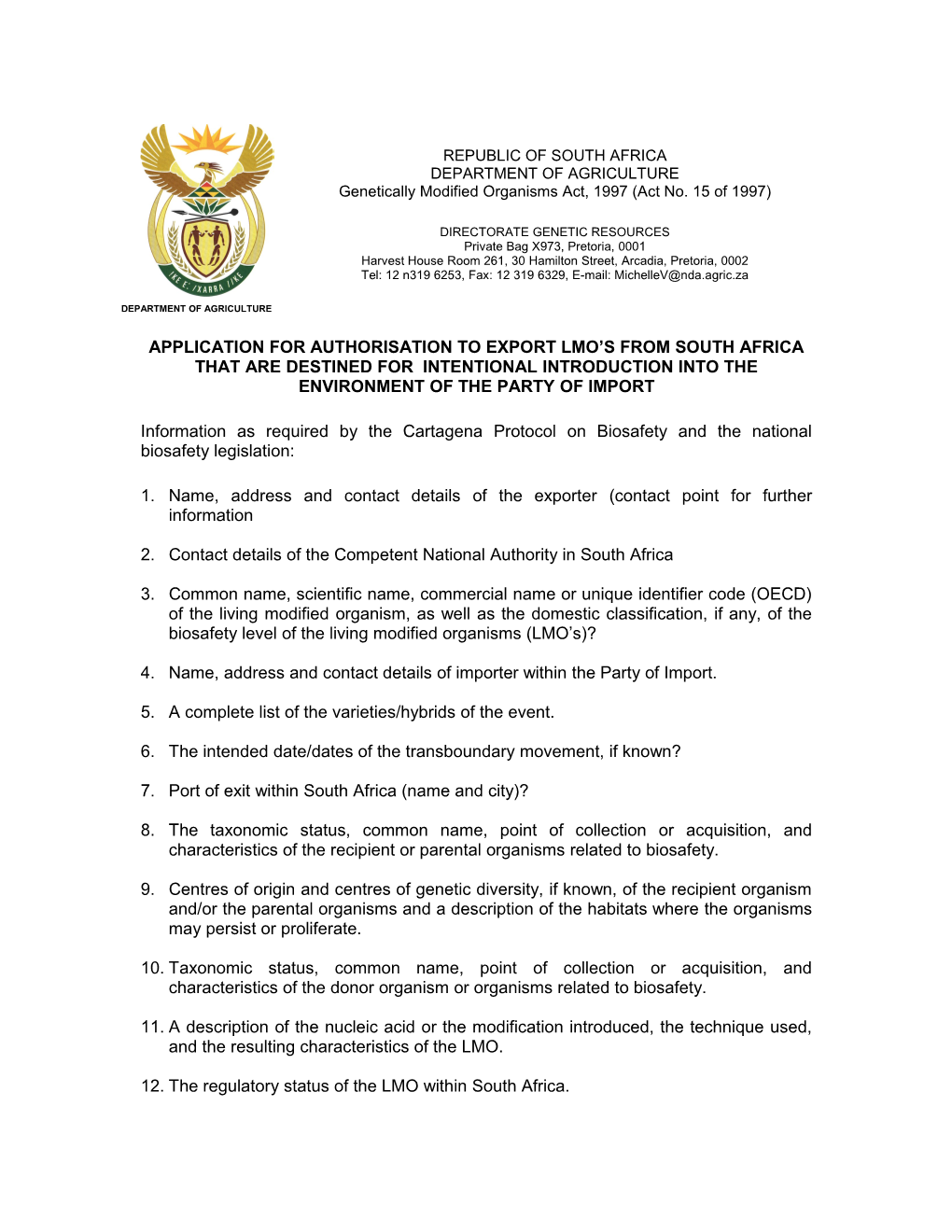 Application for Authorisation to Export Lmo S from South Africa That Are Destined For