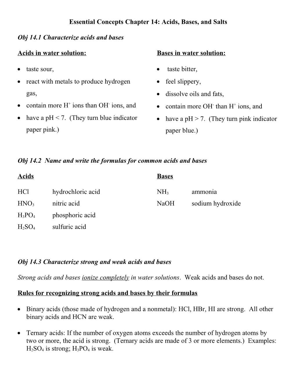 Essential Concepts Chapter 14: Acids, Bases, and Salts