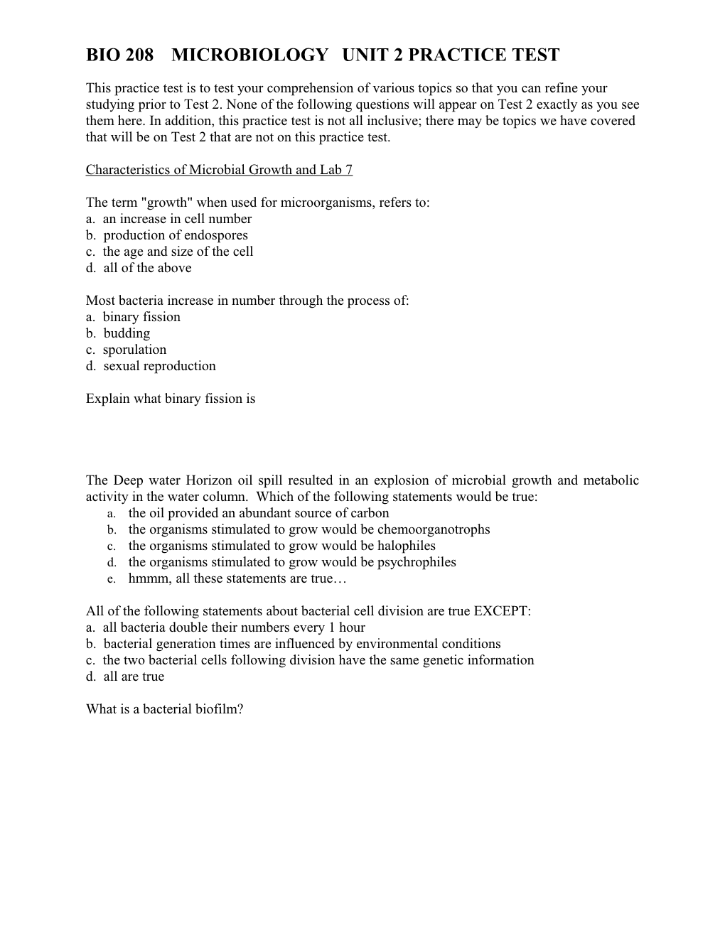 BIO 208 Microbiology Unit 2 Test Practice