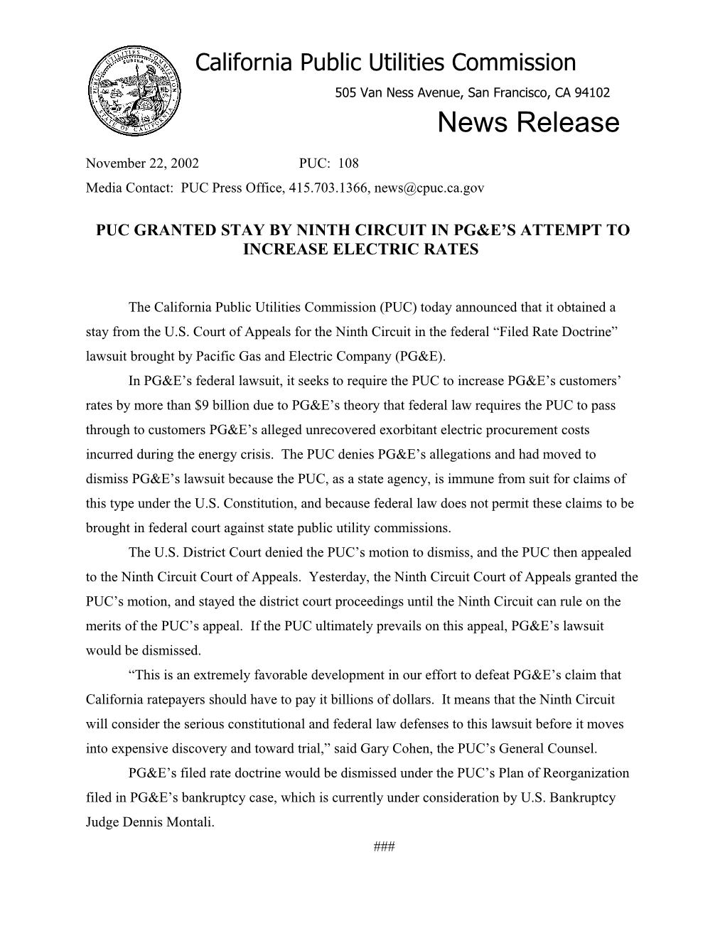 Puc Granted Stay by Ninth Circuit in PG&E S Attempt to Increase Electric Rates