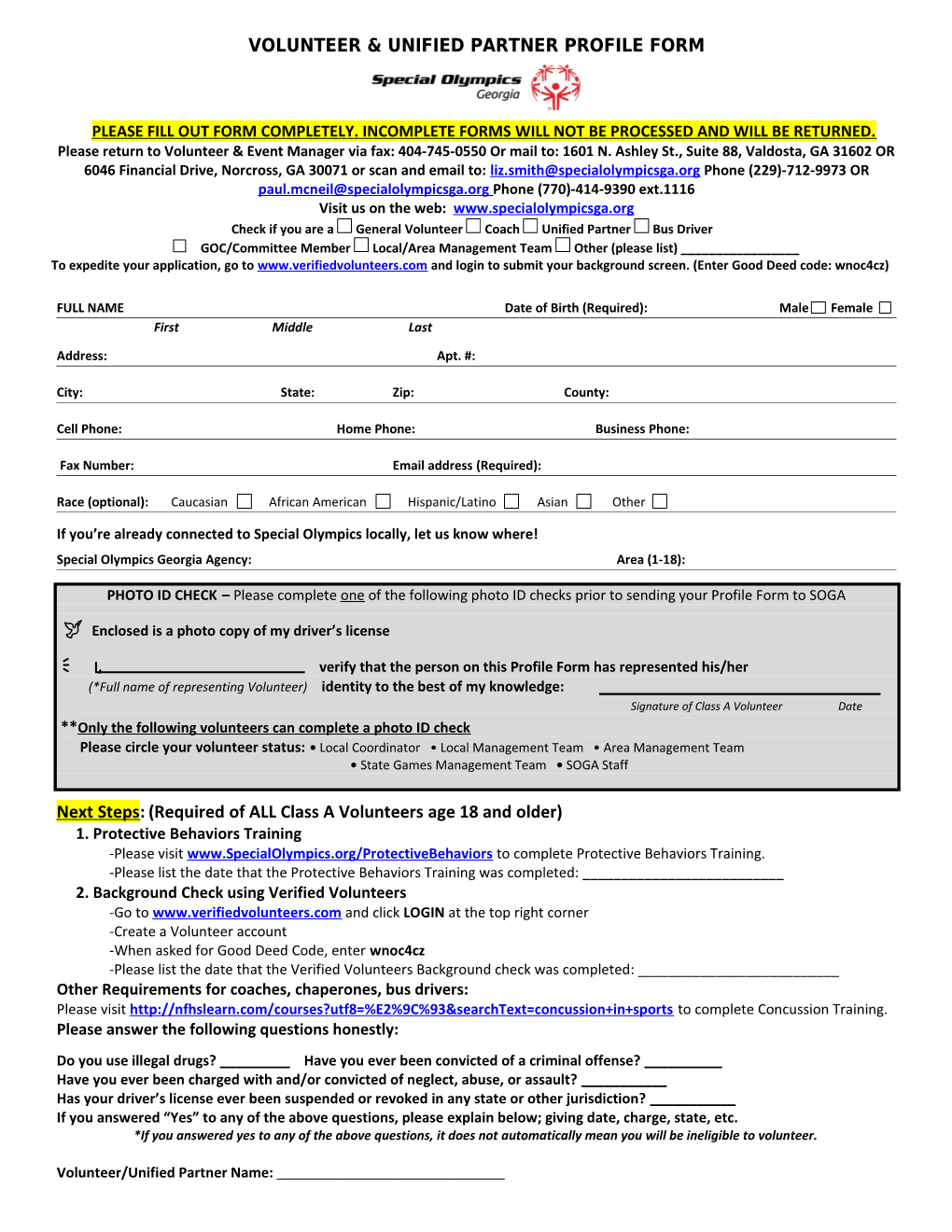 Volunteer & Unified Partner Profile Form