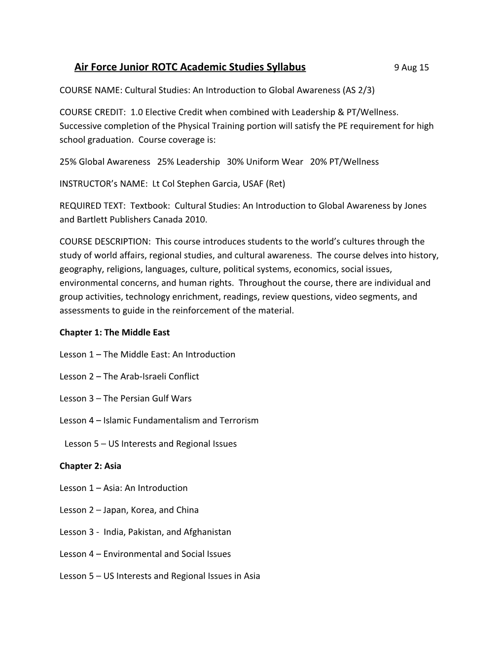 Air Force Junior ROTC Academic Studies Syllabus 9 Aug 15