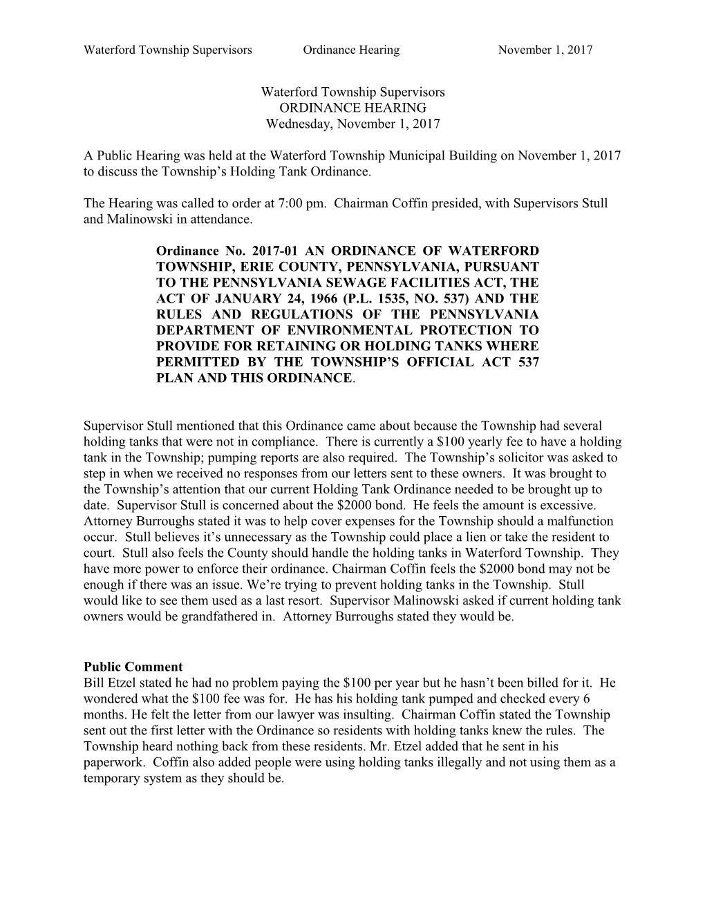 Waterford Township Supervisorsordinance Hearingnovember 1, 2017