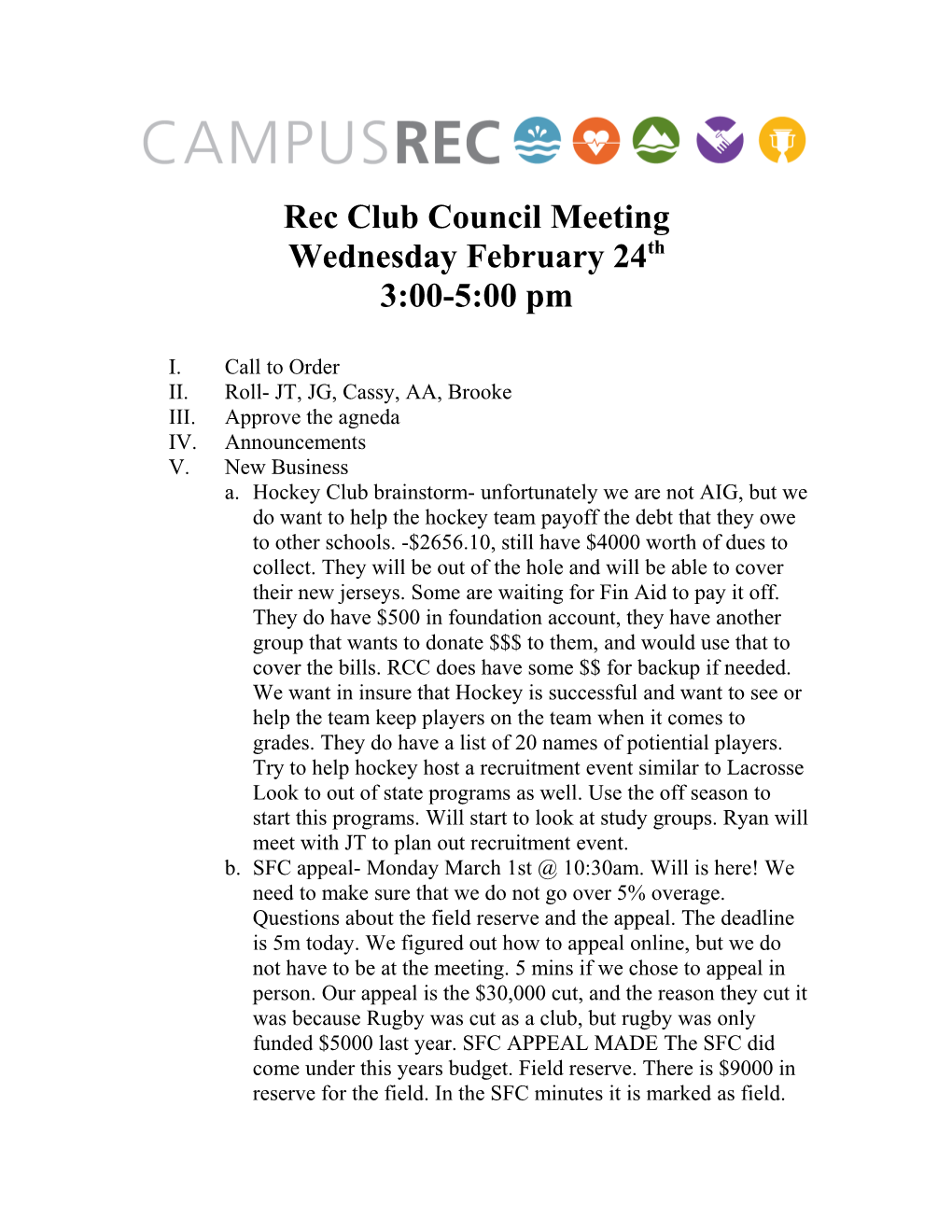 Rec Club Council Meeting
