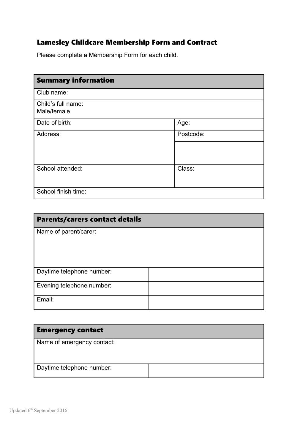 Lamesley Childcare Membership Form and Contract