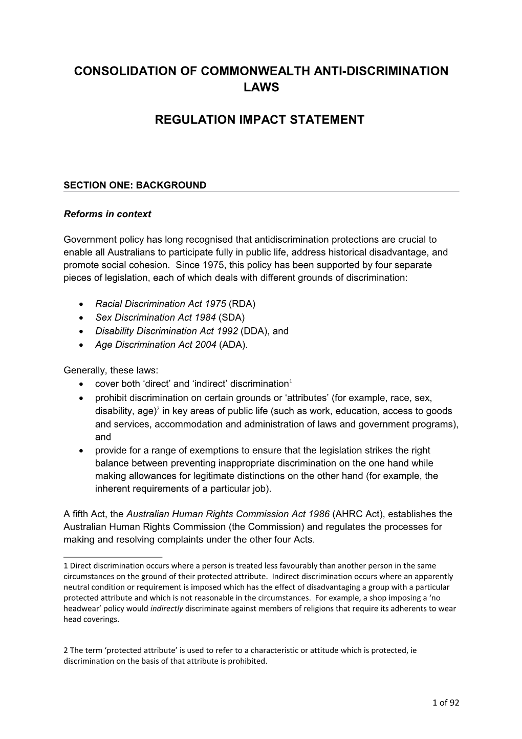 Consolidation of Commonwealth Anti-Discrimination Laws - Regulation Impact Statement