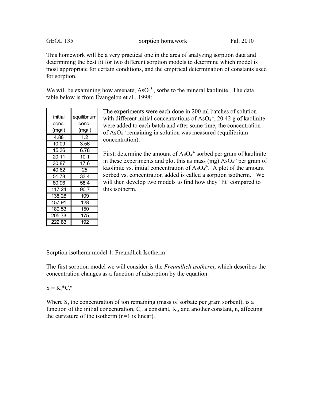 GEOL 135 Sorption Homework Fall 2010