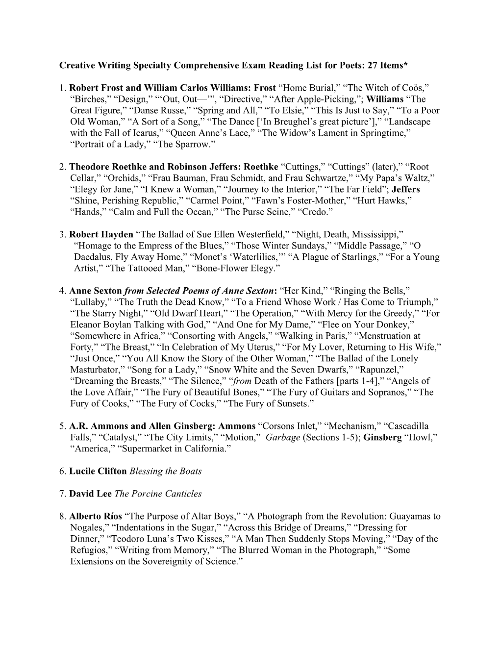 Creative Writing Specialty Comprehensive Exam Reading List for Poets: 27 Items*