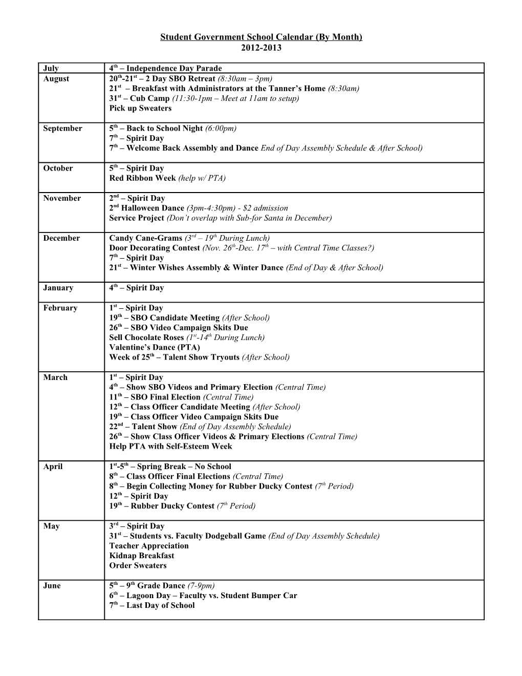 SBO School Calendar (By Month)