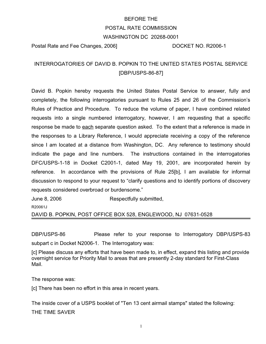 Postal Rate and Fee Changes, 2006 DOCKET NO. R2006-1 s1