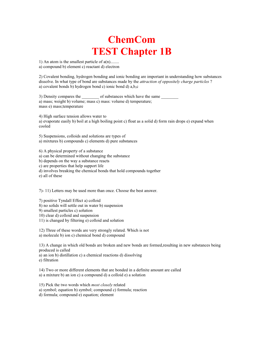 Chemcom TEST Chapter 1B