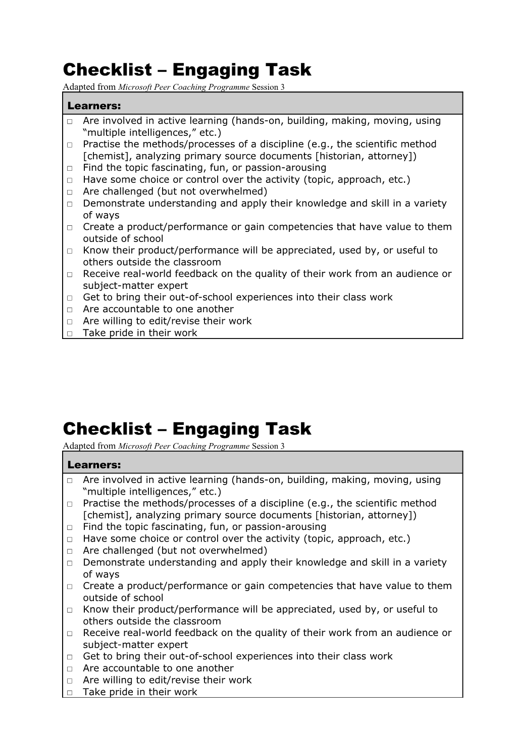 Learning Activity Checklist