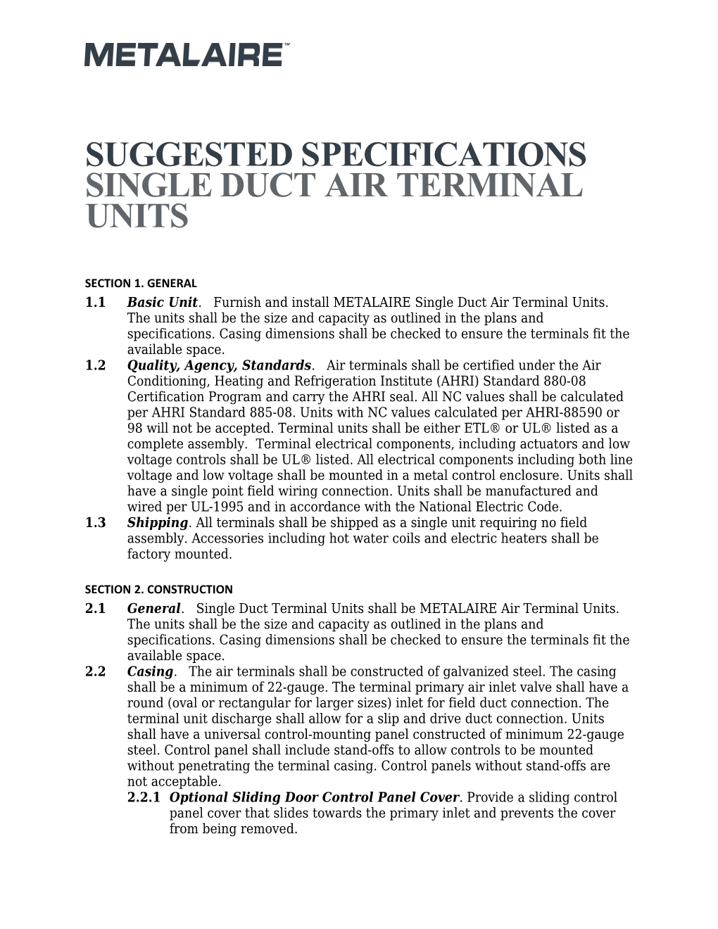 Suggested Specifications Single Ductair Terminalunits