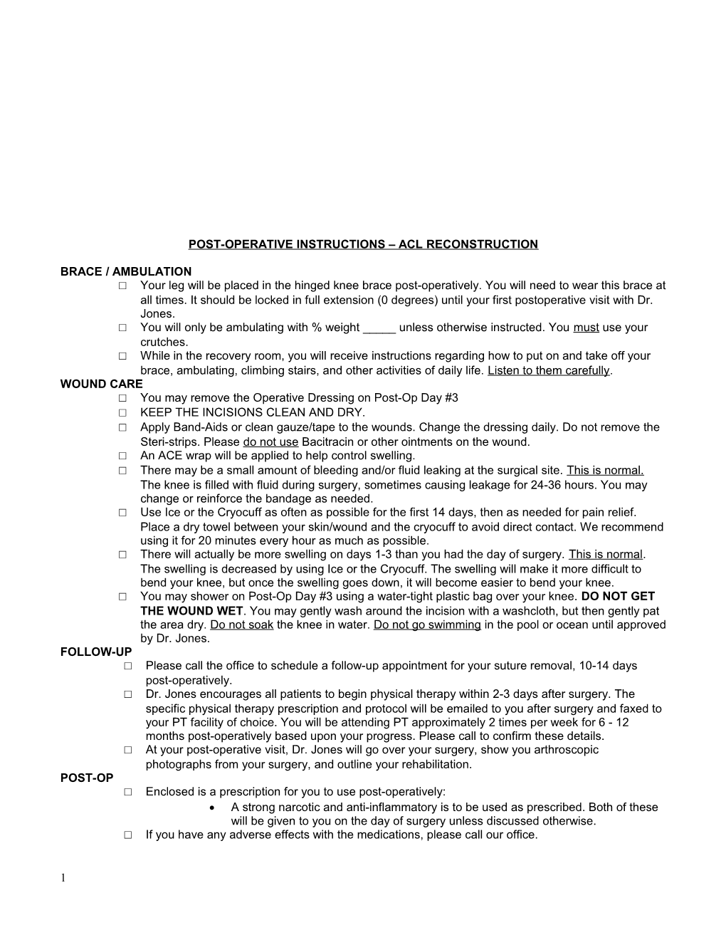 Post-Operative Instructions Acl Reconstruction