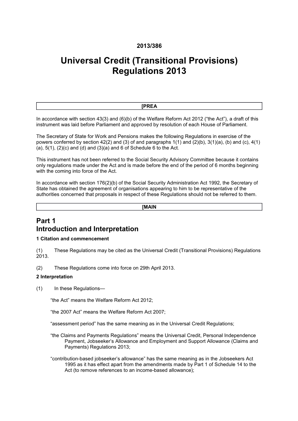 Universal Credit (Transitional Provisions) Regulations 2013