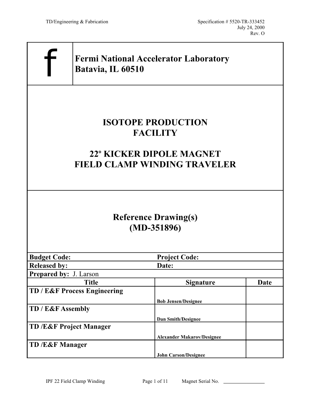 TD/Engineering & Fabrication Specification # 5520-TR-333452