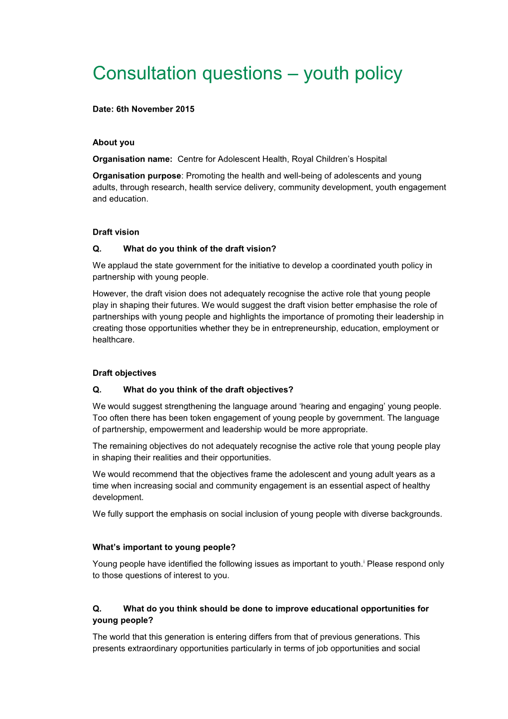 Consultation Questions Youth Policy
