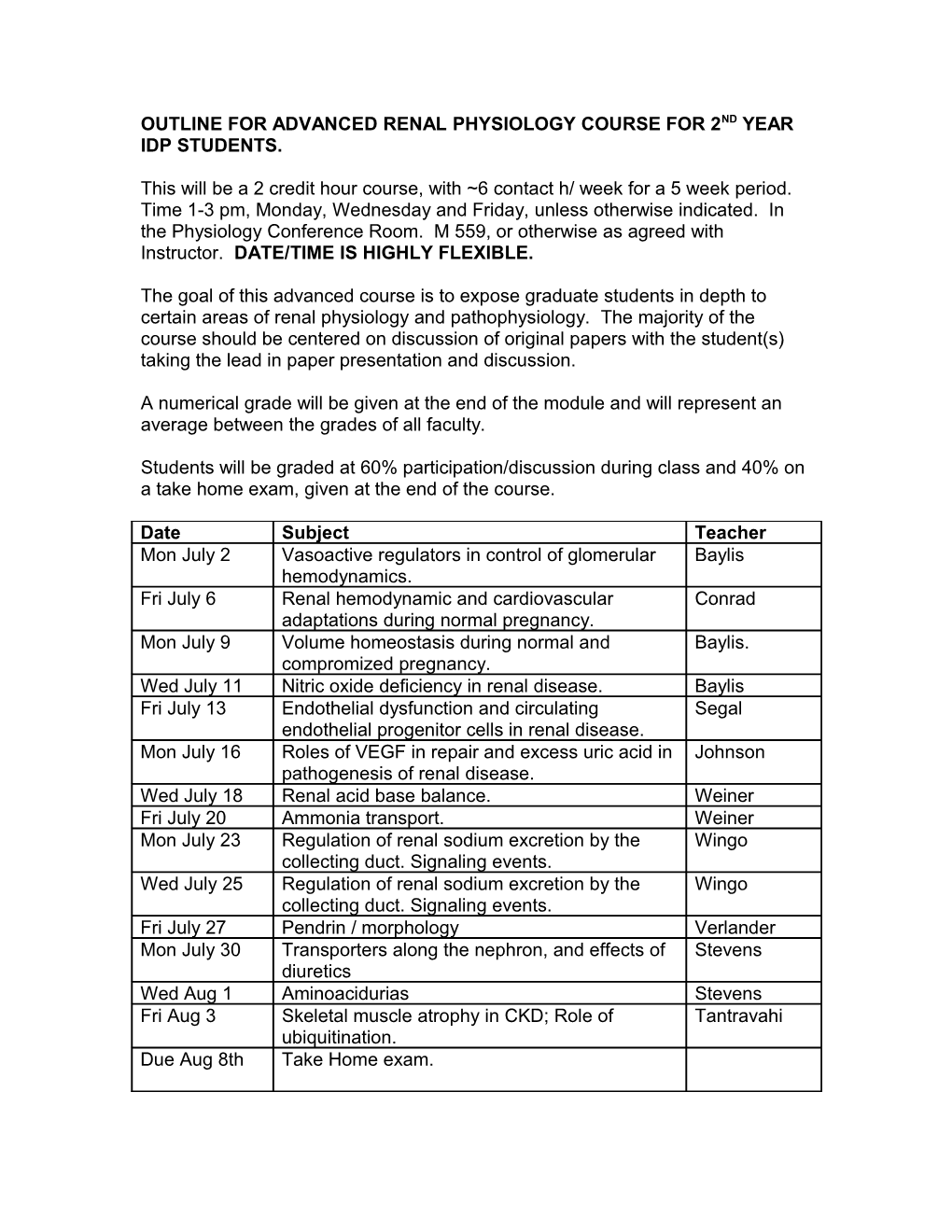 Outline for Advanced Renal Course for 2Nd Year IDP Students