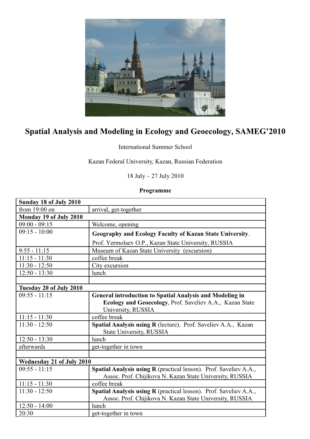 Spatial Analysis and Modeling in Ecology and Geoecology, SAMEG 2010