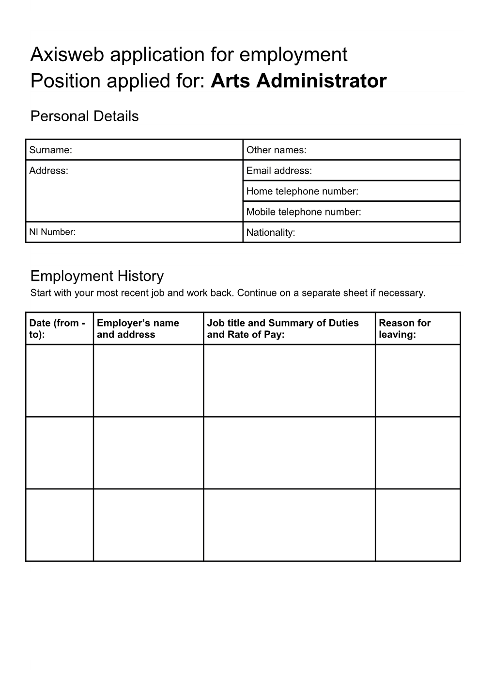 Axisweb Application for Employment