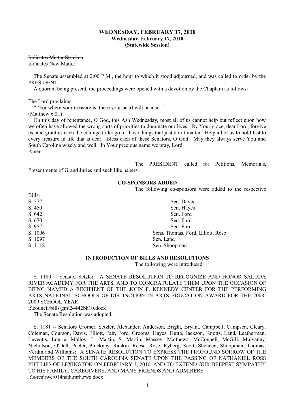 Senate Journal for Feb. 17, 2010 - South Carolina Legislature Online