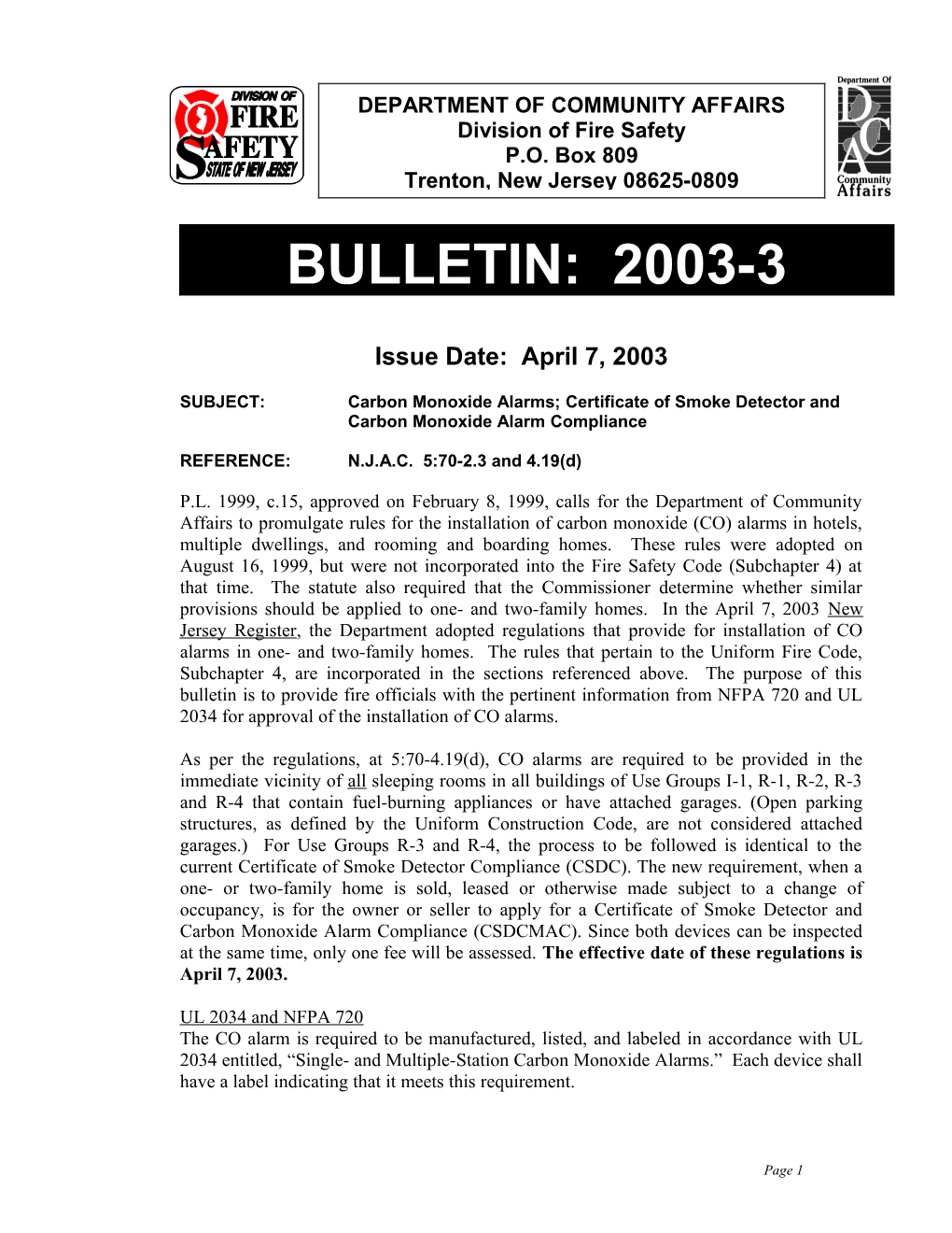 SUBJECT: Carbon Monoxide Alarms; Certificate of Smoke Detector And