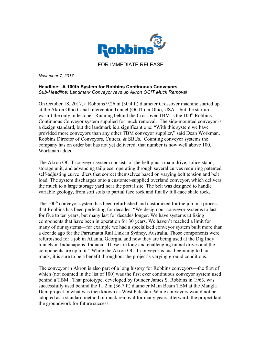 Headline: a 100Th System for Robbins Continuous Conveyors