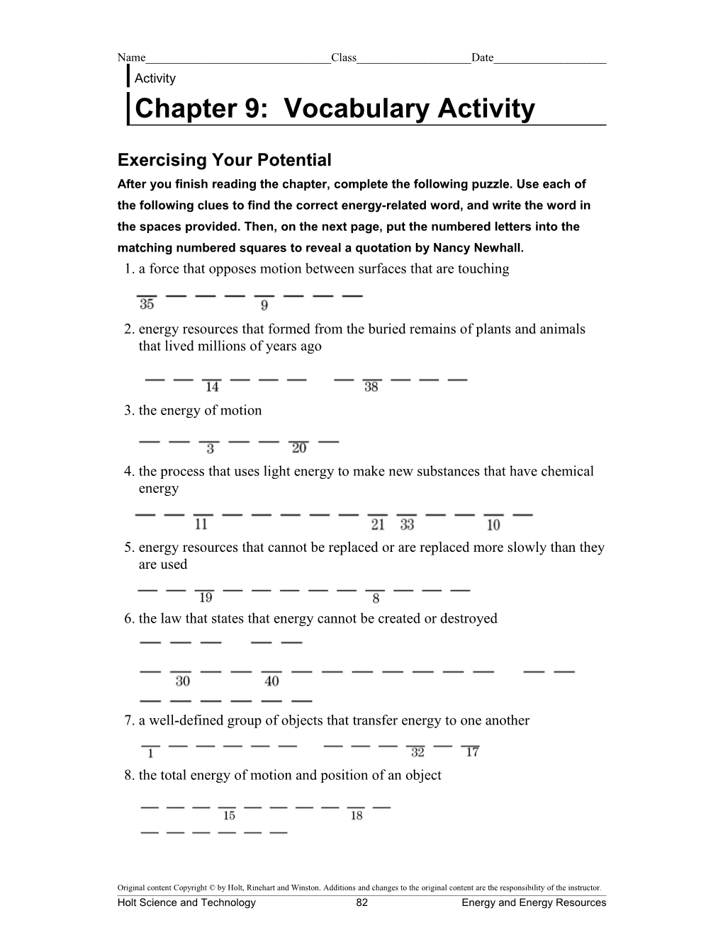 Chapter 9: Vocabulary Activity
